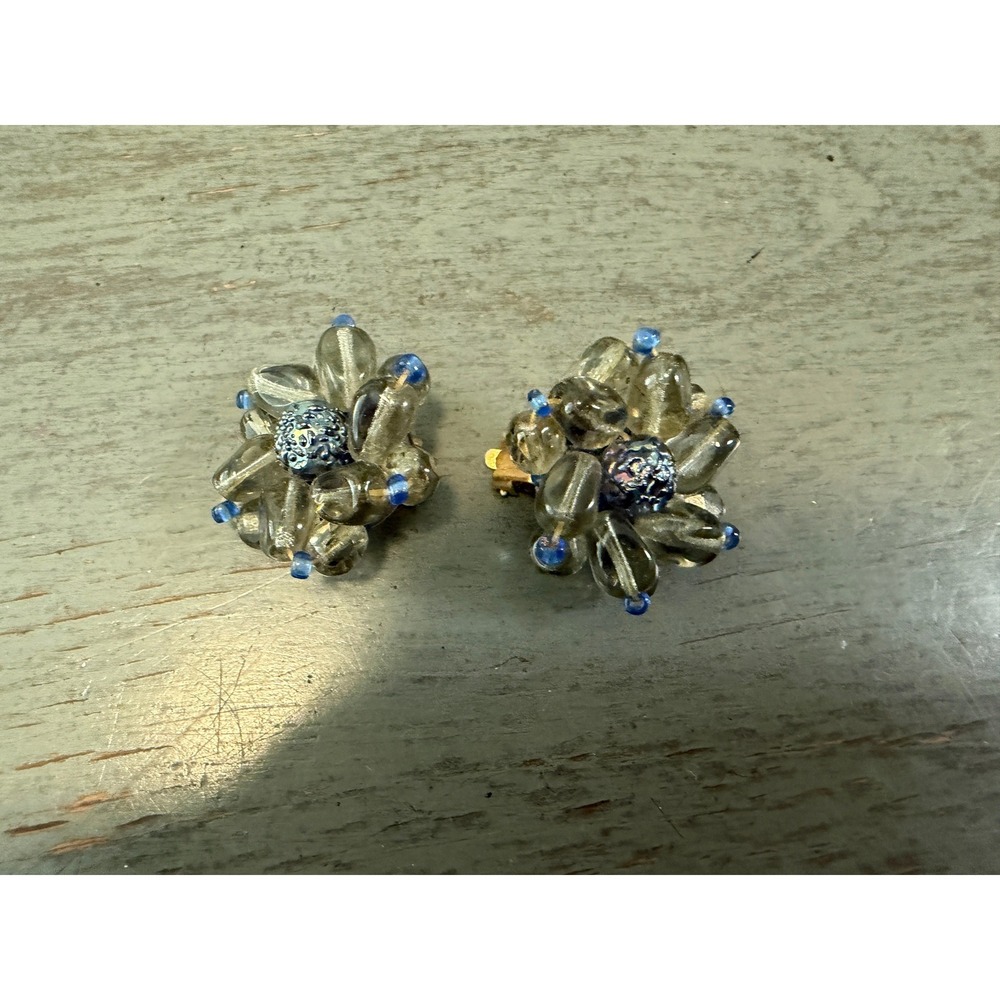 Vintage West Germany Smoky Gray Blue Glass Beaded Cluster Clip On Earrings 1in
